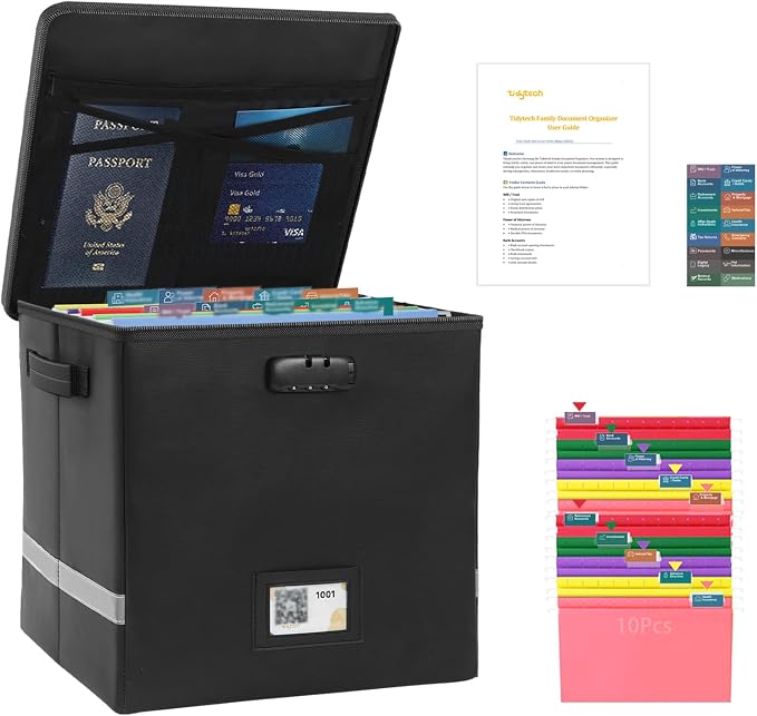 Medium Next of Kin Box Organizer with Smart Labels, Fireproof Foldable File Organizer with Combination Lock, 10 Hanging Files and 20 Category Labels for Label Documents,(M:13 * 13 * 13in)