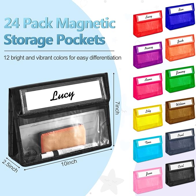 Patelai 24 Pcs Magnetic Storage Pockets Whiteboard Accessory Case Storage Pouches for Organization Magnet Organizer Pocket File Holder for Office, 12 Colors
