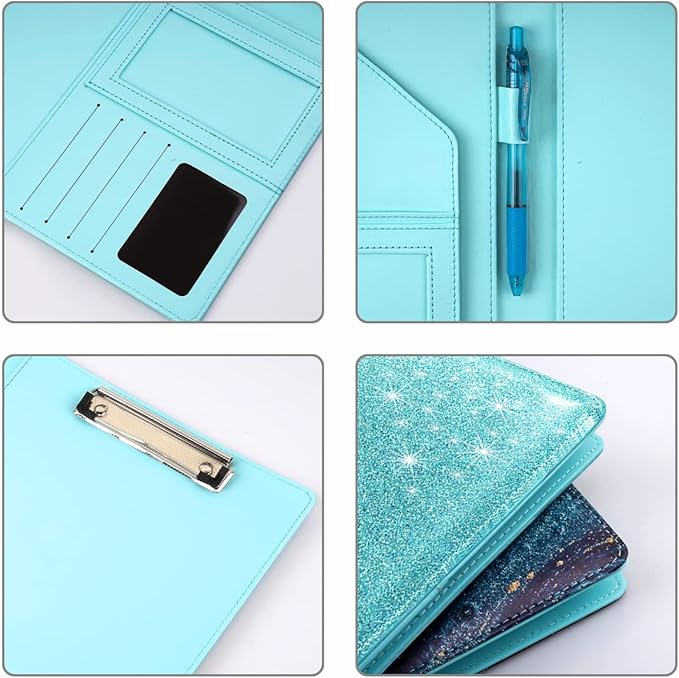 WAVEYU Glitter Portfolio Case for Women, Padfolio Cover for Women, Conference/Resume/Legal Document Organizer with Letter/A4 Size Clipboard Hardboard, Business Card Holders, Blue+Green
