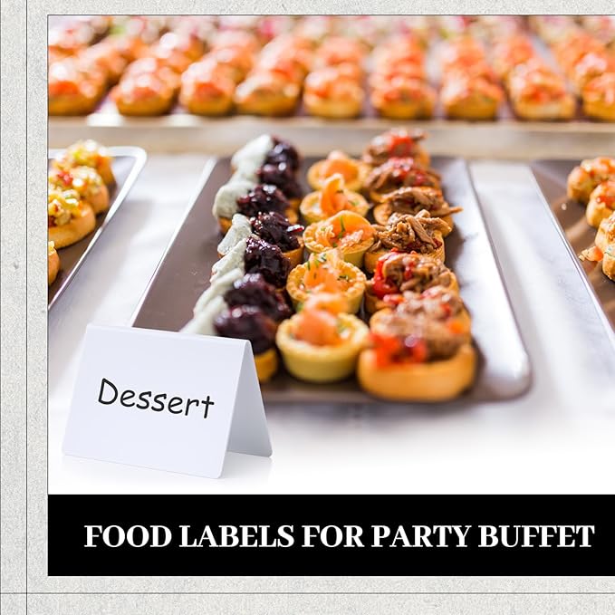 Outus 12 Pcs 4 x 3 Inches Buffet Food Labels Mini Small Chalkboard Signs White Acrylic Food Markers Little Price Signs with 2 Pcs Erasable Marker for Wedding Birthday Bakery Table Display