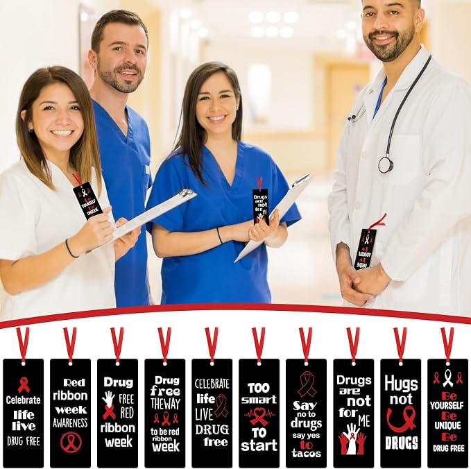 Cholemy 200 Pcs Red Ribbon Week Awareness Bookmarks Say No to Poison Bookmarks Too Smart to Start Book Marks Motivational Tags for Red Ribbon Charity Event Party Decoration, 10 Designs