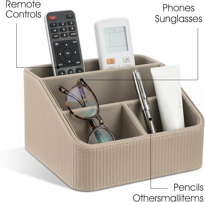 Remote Control Holder with 4 Compartments, PU Leather Desktop Organizer for Nightstand or Desk, Multifunctional Storage Box for Office Supplies and Home Accessories (Beige)