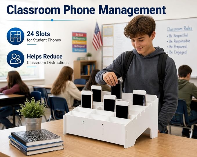 XICHENGSHIDAI 24 Slots Cell Phone Holder for Classroom, Wood-Look Phone Storage Box and Calculator Organizer for Teachers, School, Office and Meeting Room, Caddy and Ink Pad Organizer, Black