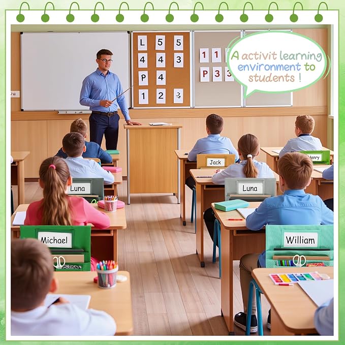 gisgfim 12 Pcs Small Chair Pockets for Classroom 13 x 14 Inch Bag with Name Tag Multi Pockets Chairsback Pouch Organizer for Student Kindergarten Elementary Daycare (Greenery)