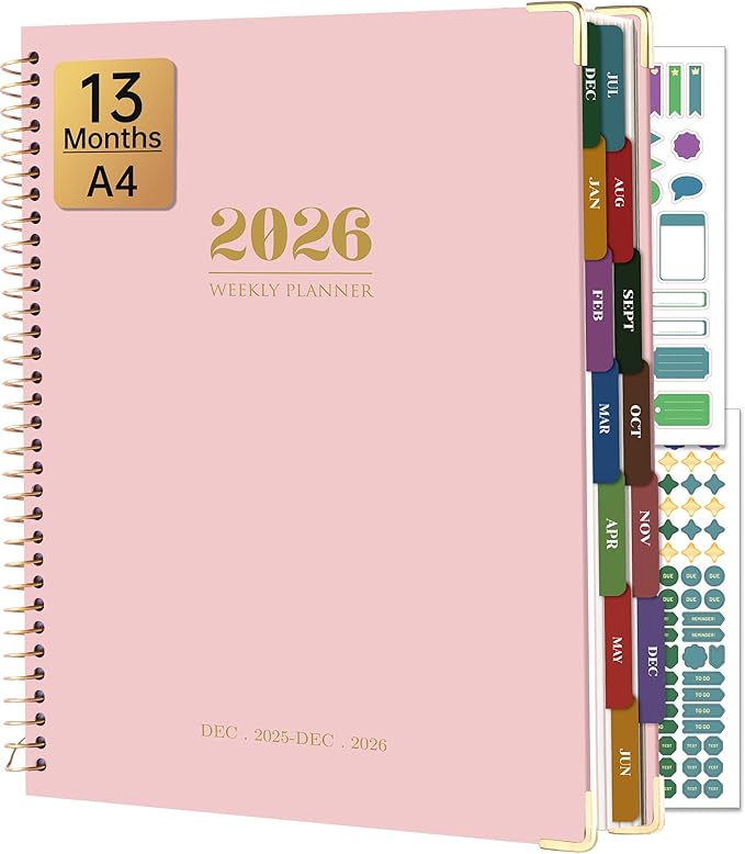 Yoment 2026 Planner Weekly and Monthly 8.5"x11" Large Hardcover Planner from Dec 2025 - Dec 2026 13 Months Calendar Academic Planners for Women Men Agenda Daily Weekly Yearly Planning with Tabs, Pink