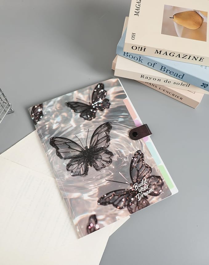 Cute Expanding File Folder - 5 Pockets Accordion Document Organizer, Waterproof Poly Plastic, A4/Letter Size for School Office Home - Butterfly Black