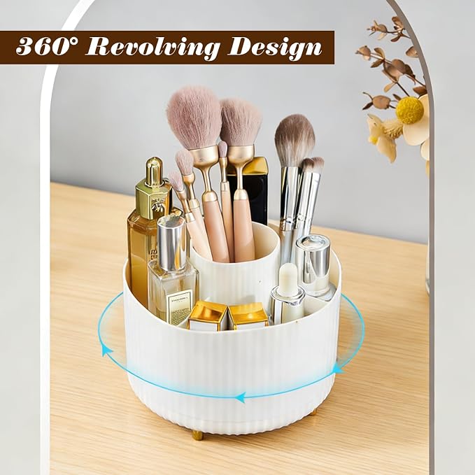 Pencil Holder with 360-degree Rotation, Desk, Office, and Home Pen Stand, Cute Pen Holder with 5 slots, Office Decor Accessory, Workspace Organizer, white