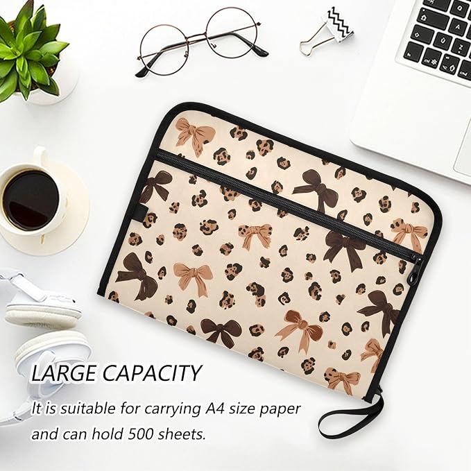 Expanding File Folder Leopard Print Cheetah Bow Pattern Accordion File Organizer 13 Pockets Document Organizer with Zipper Labels A4 Letter Office Storage
