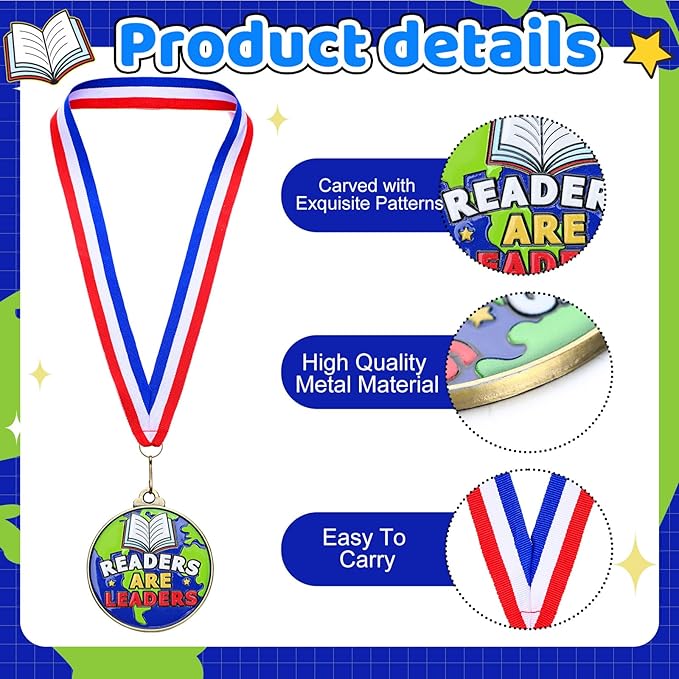 Cunno 20 Pcs Readers are Leaders Medals Bulk 2'' Reading Award Medals with Neck Ribbon Trophy Prizes Winner Gift for School Classroom Students Teaching Competitions Supplies