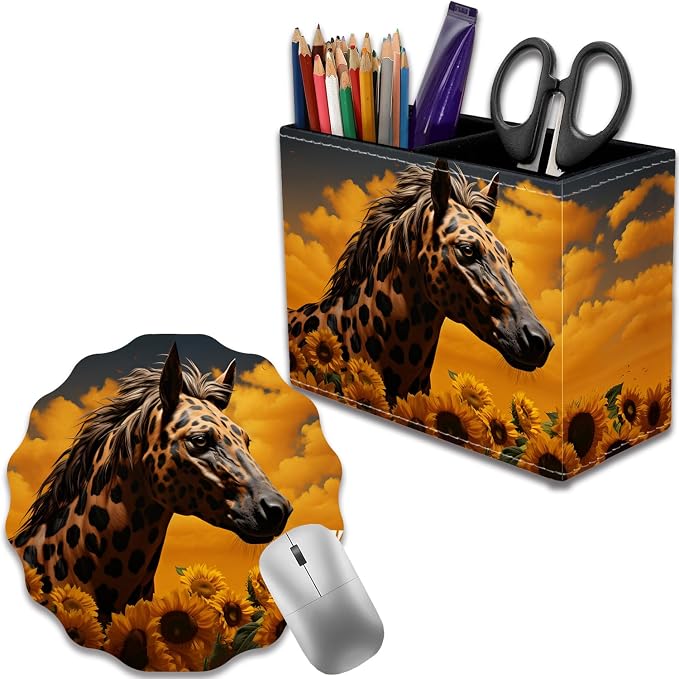 Pen Holder for Desk, PU Leather Multifunctional Desktop Storage Box and Anti-Slip Mouse Pad Set, Makeup Brush Holder Pen Organizer for Office and Home - Horse Leopard Print Sunflower