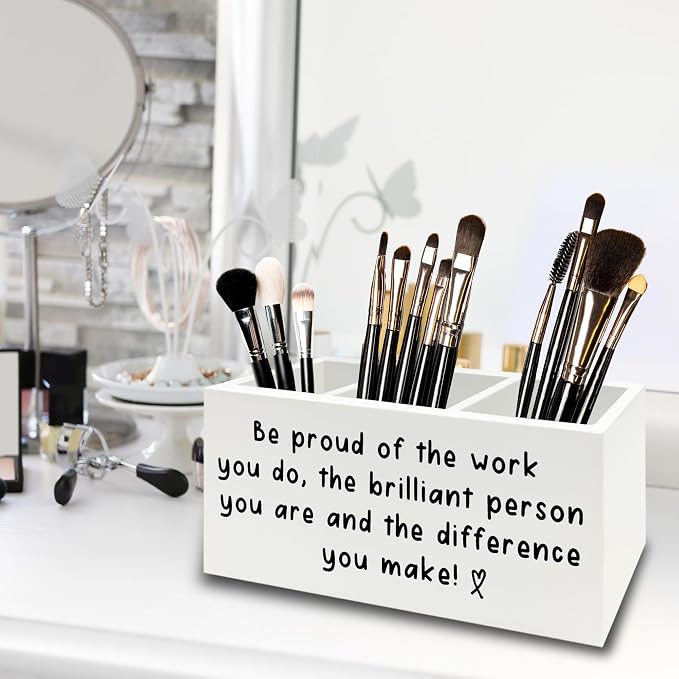 Inspirational Office Pen Pencil Holder Organizer for Desk, Thank You Appreciation Gifts for Women Men, Inspirational Gifts Wooden Box Sign for Home Office Desk Tabletop Decorations