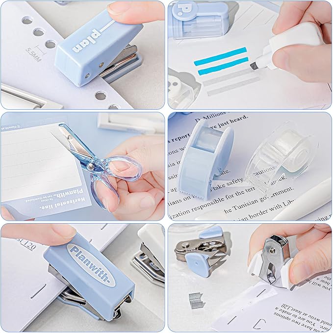 8-Piece Mini Office Supplies Kit Set - Portable Desk Accessories Set for School, Office & Back to School Gift (Blue)