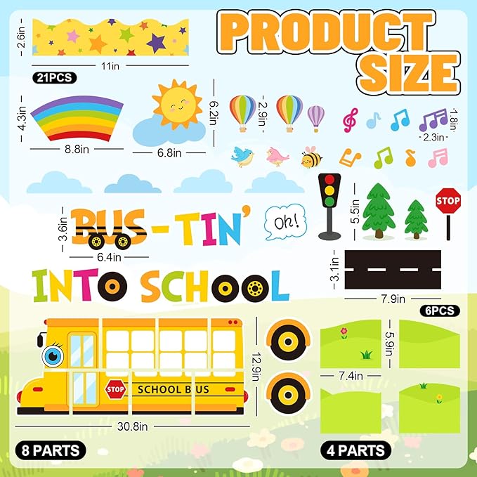 FYSUIMU 72 Pcs Back to School Bus Bulletin Board Decoration Set Yellow Bus-Tin Into School Photo Paper Cutouts with 150 Pcs Glue Points for DIY Crafts Classroom Party