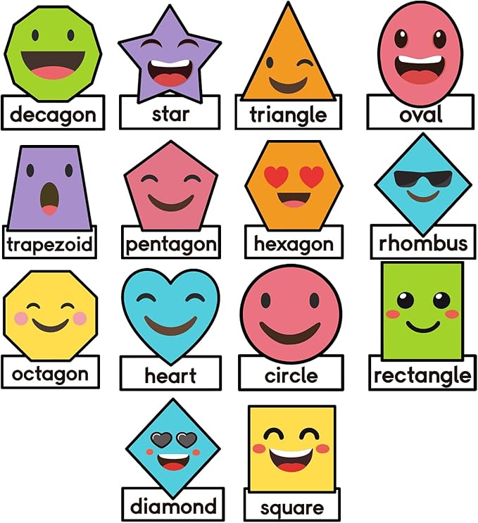 14Pcs Shapes Bulletin Board Set, Jumbo 10x12 Inch 2D Geometric Shapes Posters for Classroom Wall, Rainbow Educational Cutouts with Glue Points for Kindergarten and Preschool Decor