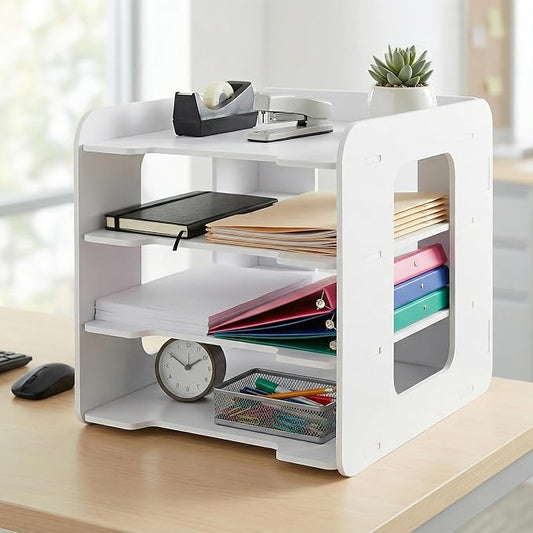 Desk Organizer, 4-Tier File Organizer for Desk, Letter Tray Paper, Desktop Document Sorter for Letter, File Folder Holder with Pen Holder for Office, Home or School- White MLT001W4