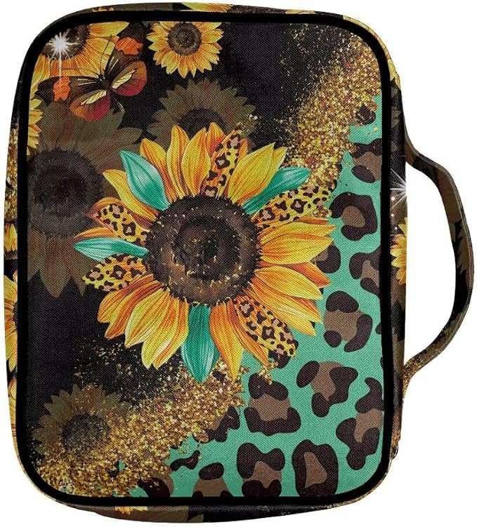 Coldinair Leopard Print Bible Covers for Women Sunflower Carrying Book Bible Case Church Bag Bible Protective with Handle & Zippered Pocket