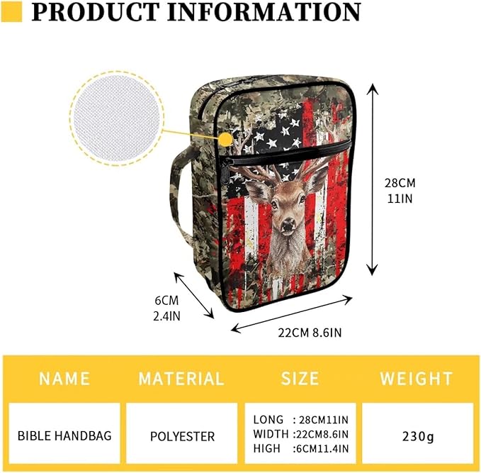 Suobstales Deer Print Bible Cover Carrying Book Case for Women Men American Flag Camo Lightweight Bible Bag Bible Protective with Handle and Zippered Pocket