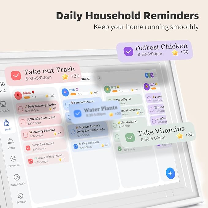 10.1" Smart Chore Chart & Visual Schedule for Kids - Digital Daily Routine Board, Neurodivergent Friendly Gamified Planner display, App Syncs w/Google Calendar, No Subscription (White)
