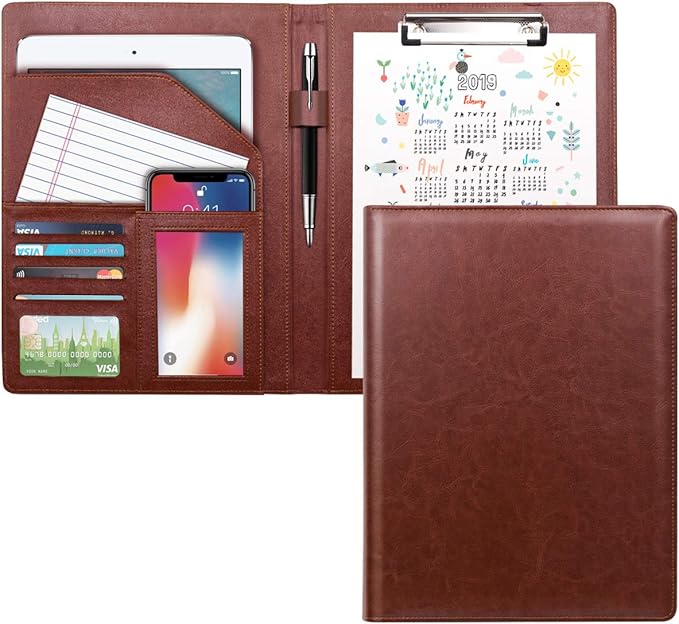 WAVEYU Leather Business/Resume Portfolio Organizer with Legal Pad Folder Clipboard, Interview Folder for Men/Women, Brown