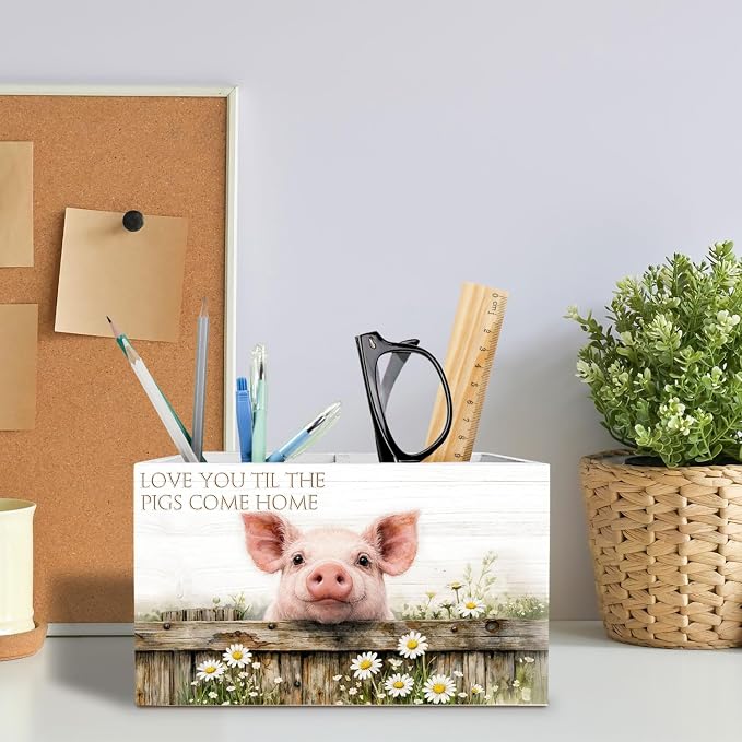 Farmhouse Daisy Floral Pig Pen Holder for Desk, Pig Lover Gifts Pencil Organizer, Love You Til the Pigs Come Home Wooden Box Sign Desk Decor for Kids Girls Room Nursery Decoration