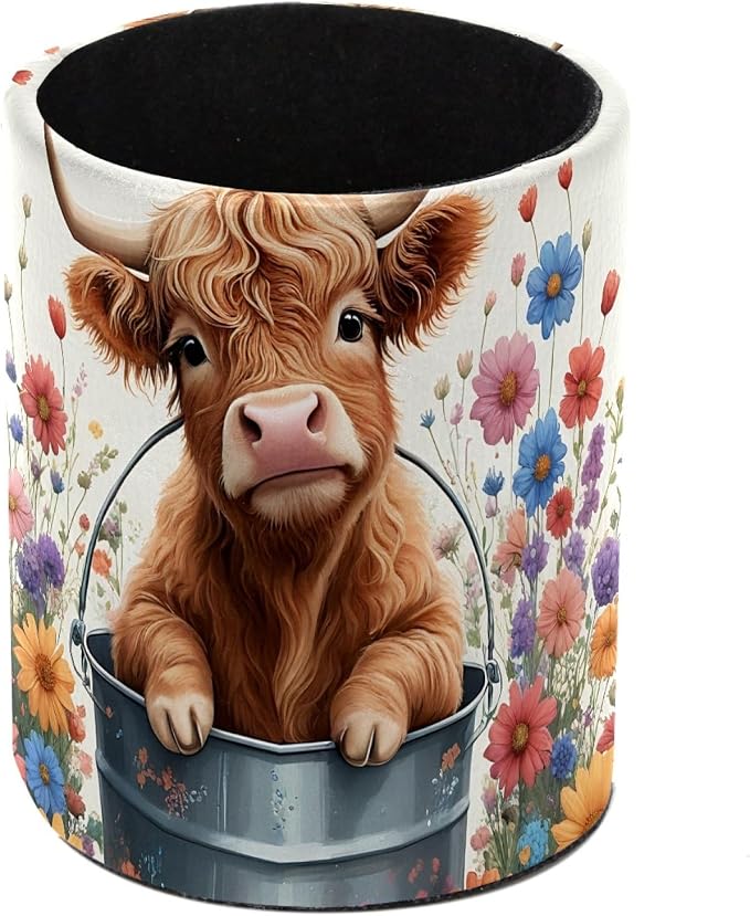 Highland Cow Floral Pen Holder Pencil Organizer Cute Pencil Cup Desk Decor Makeup Brush Holder PU Multifunctional Office Supplies for Home Classroom School