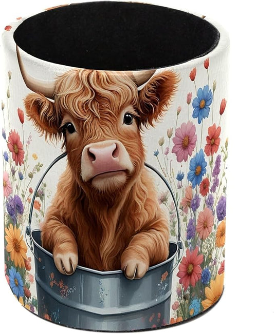 Highland Cow Floral Pen Holder Pencil Organizer Cute Pencil Cup Desk Decor Makeup Brush Holder PU Multifunctional Office Supplies for Home Classroom School