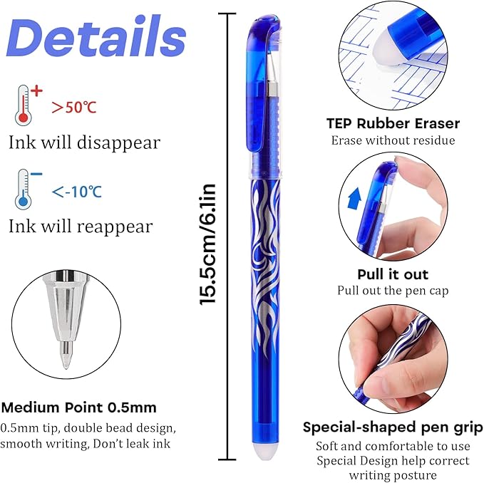 RIANCY 8 Pack Blue Ink Erasable Gel Pens, 0.5mm Fine Point, Flame Patterned Barrel, Comfortable Grip, with Eraser, Ideal for Journaling, School Work, Office Tasks, Note Taking, DIY Projects