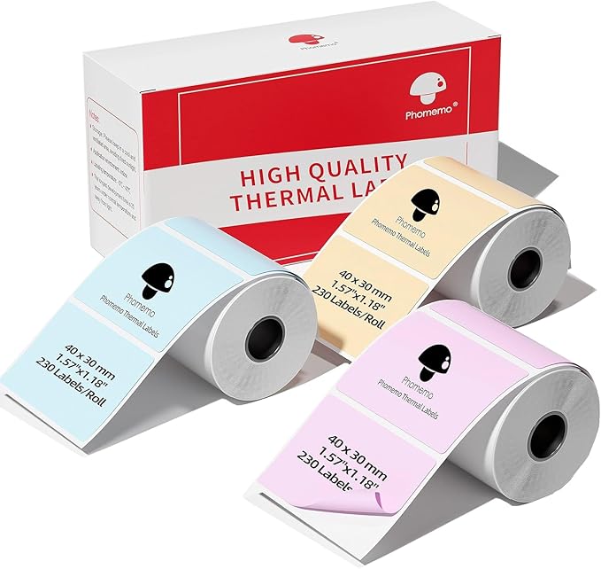 M110 Thermal Labels,Compatible with Phomemo M110/M221/M220/M120/M200/M110S,1.57"x1.18"(40mm*30mm),Multi-Purpose Thermal Sticker for Business/Mailing/Barcode/Home,230Labels/roll,Blue/Pink/Khaki