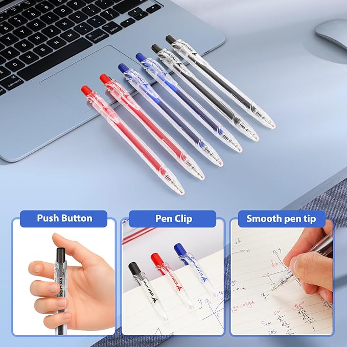 WY WENYUAN 12 Pcs Gel Pens, 1.0mm Bold Point Black & Red & Blue Pens, Quick Drying Gel Ink Pens for Smooth Writing, Retractable Ballpoint Pens for School, Office, Journaling, Note Taking