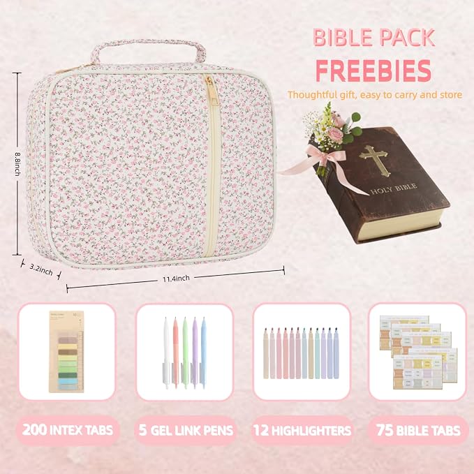 Bible Cover Case for Women Large Bible Cover Bag with Durable Handle Quilted Carrying Bible Study Supplies Accessories (Pink Floral)