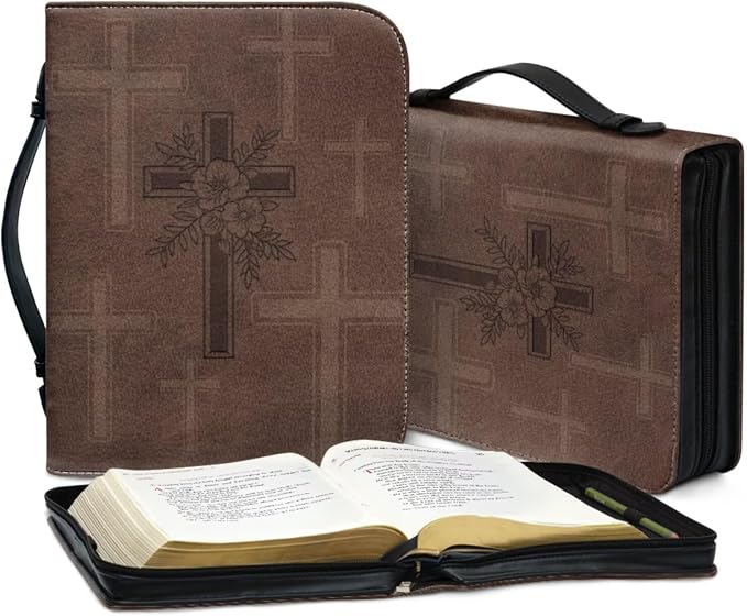 Vintage Religious Cross Bible Case with Bookmark Waterproof Bible Cover Case for Women Lightweight Bible Bag with Handle Pockets Church Book Bag Brown