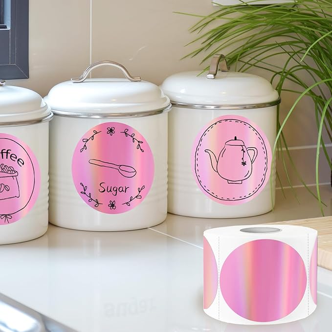 Thermal Label Printer Stickers, 3 Inch Round Holographic Thermal Label Sticker, Circle Holographic Direct Printer Stickers, Perforation Line Design/Pink Gradient