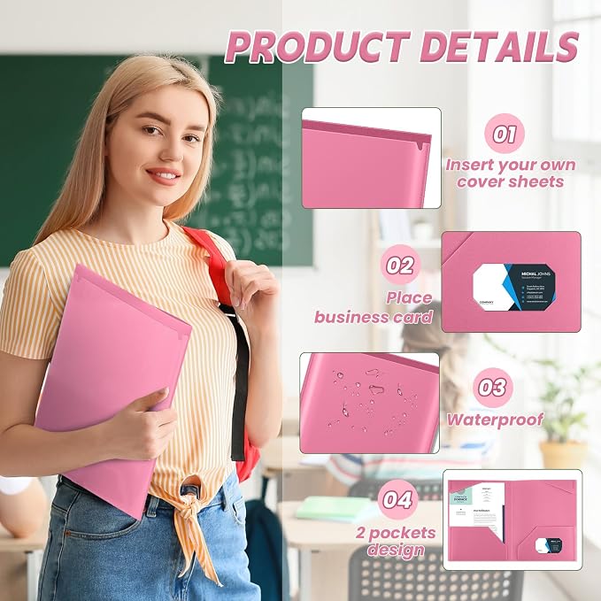 Henoyso 36 Pack Pink Plastic Folders with Clear Front Pockets Heavy Duty File Folders with 2 Pockets and Card Slot for Student Communication School Office Presentation Report