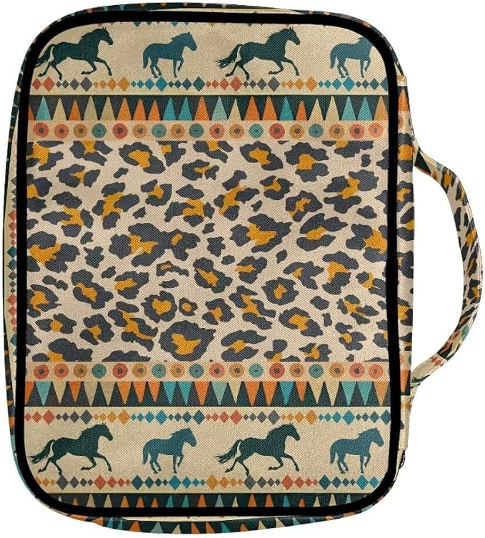 Coldinair Tribal Horse Bible Covers Bag for Women,Leopard Print Carrying Book Case Church Bag Bible Holder with Handle and Zippered Pocket