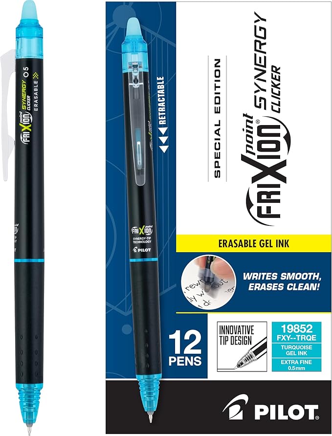 Pilot, FriXion Synergy Clicker Erasable, Refillable, Retractable Gel Ink Pens, Extra Fine Point 0.5 mm, Pack of 12, Turquoise Ink