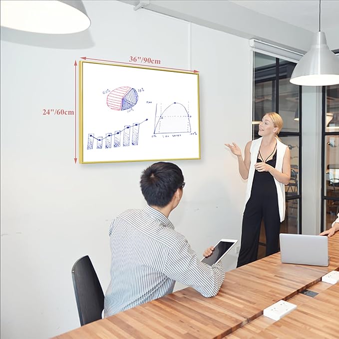 Dry Erase White Board, Magnetic Whiteboard for Wall Office/School/Home, Hanging Board for Decoration/Planning/Kitchen Grocery List/Drawing/Memo, 24"x 36" Gold Aluminum Frame (BB-Gold-6090)