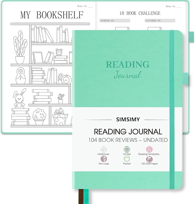 Reading Journal with 104 Book Reviews, Book Journal for Books Lovers & Readers - Review and Track Your Reading Progress, Reading Log Notebook Gift, A5, Mint Green