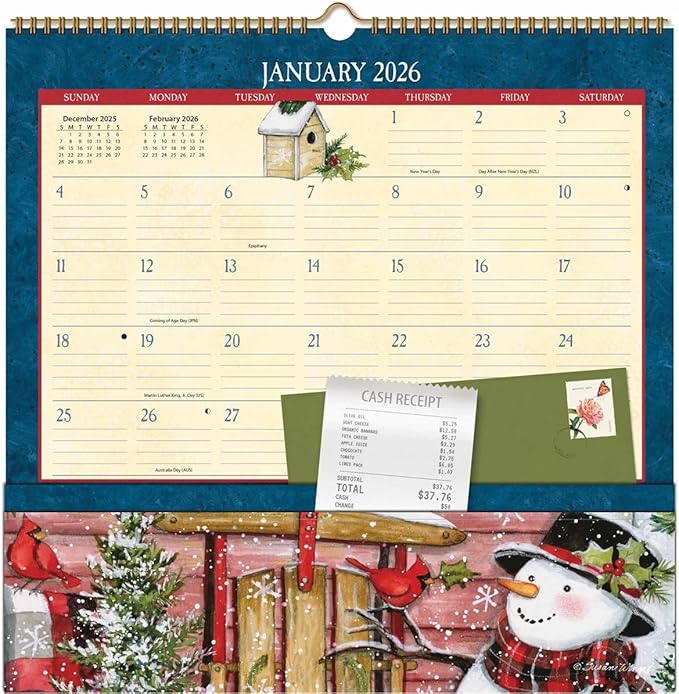 WSBL Heart & Home 2026 Note Nook Wall Calendar – 12-Month Organizer Calendar with Dual Storage Pockets, Tranquil Home & Garden Artwork by Susan Winget, 12″ × 12.125″