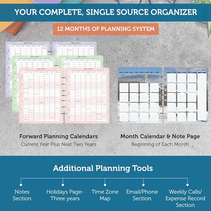 Planner Pad 7 Hole Loose Leaf January-December 2026/ Calendar Year 6 3/4" x 8 1/2" Medium 3-Tier Funnel Down 12 Month Organizer, Seasonal Color Ink