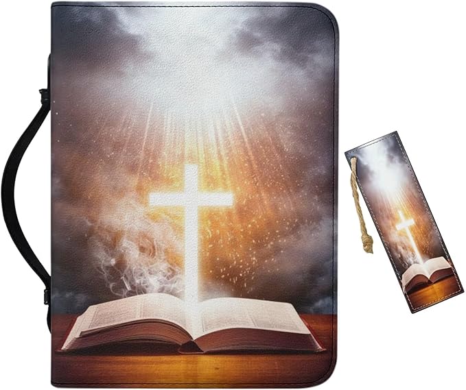 Leather Bible Cover for Girls and Women, Book Case Church Bible Protective with Handle and Zippered Pocket,Bible and Cross,Large