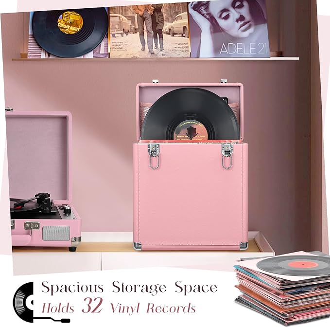 Hododou Vinyl Record Storage Box with Lock Record Organizer Storage for 30+ Single Records 12-inch Water Resistant Collapsible Storage Crate with Handle Mesh Pouch for Valuable Album Collection Pink