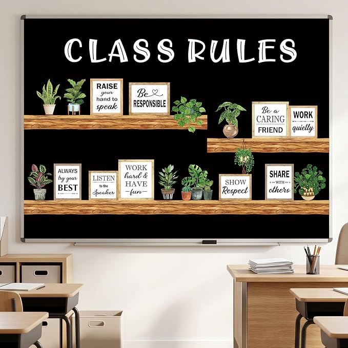 Qilery Class Rules Bulletin Board Decorations, Farmhouse Motivational Classroom Decor Set with Plant Wood Shelf Cutouts, Positive Behavior Quotes for Teacher Supplies, School Wall and Door Display