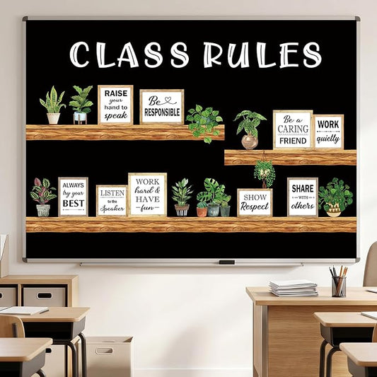 Qilery Class Rules Bulletin Board Decorations, Farmhouse Motivational Classroom Decor Set with Plant Wood Shelf Cutouts, Positive Behavior Quotes for Teacher Supplies, School Wall and Door Display