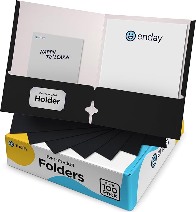 Black Paper Folders with Pockets (100 Pack) - Letter Size Two Pocket Folder Bulk, Premium Quality, Portfolio - by Enday