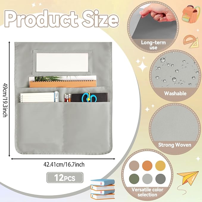 gisgfim 12 Pcs Chair Pockets for Classroom 16.7 x 19.3 Inch s with Name Tag Chairback 3 Pockets Chairs Seat Back Organizer for Elementary School Daycare Home Supply (Earth Color)
