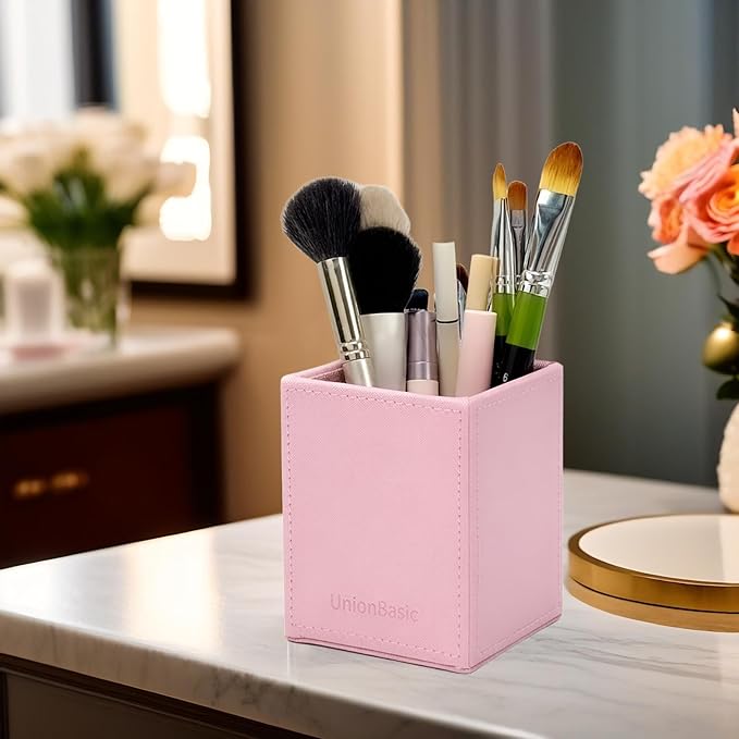 UnionBasic Square Pen Holder, Leather Pencil Cup, Desktop Caddy Stationery Organizer, Taiga Pattern Leather, Pink
