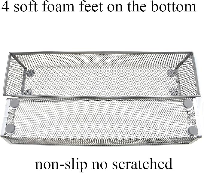 HAHIYO Stackable Mesh Tray Cup 12 x 3 x 2 inches Sturdy Container for Desk Drawer Organizer Collection for Home Office School kitchen Soft Foam Feet No Sharp Edges 2 Pack Silver