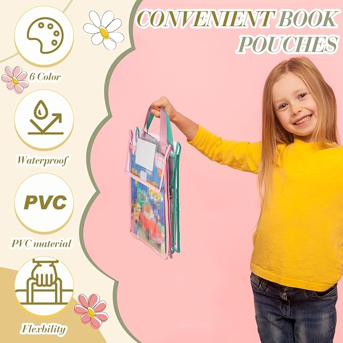 Teling 12 Pack Thick Clear Book Pouches with Blank Name Tags and Handles Book Baggies Bags Bins Organizer for School Classroom Library Pockets Students (10 x 12 Inch,Multi Color)