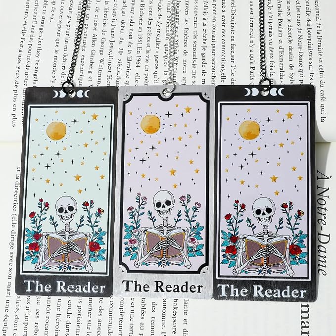 3Pcs Unique Skull Reader Bookmark - Metal Bookmark with Black Tassel, Star and Rose Pattern, Engraved “THE Reader” for Dark Gothic Lovers, Women Readers Fantasy Gift Gothic Gift (3PCS B)