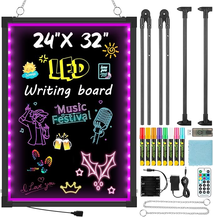 Remote Control LED Message Board 32x24 Inches - Flashing Neon Illuminated Menu Sign with 8 Fluorescent Markers for Restaurants, Shops, Bars